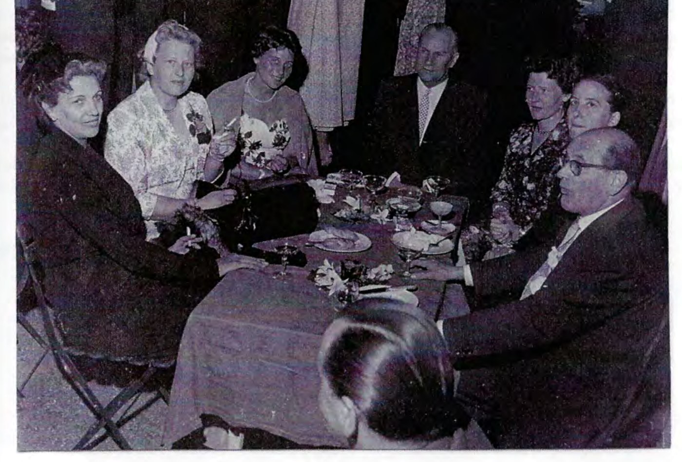 German delegation with Gerhard and Hildegard Eggers at a dinner in Le Bourget, 1957 (2nd from left: Hildegard Eggers; centre: A. Rothe with his wife)