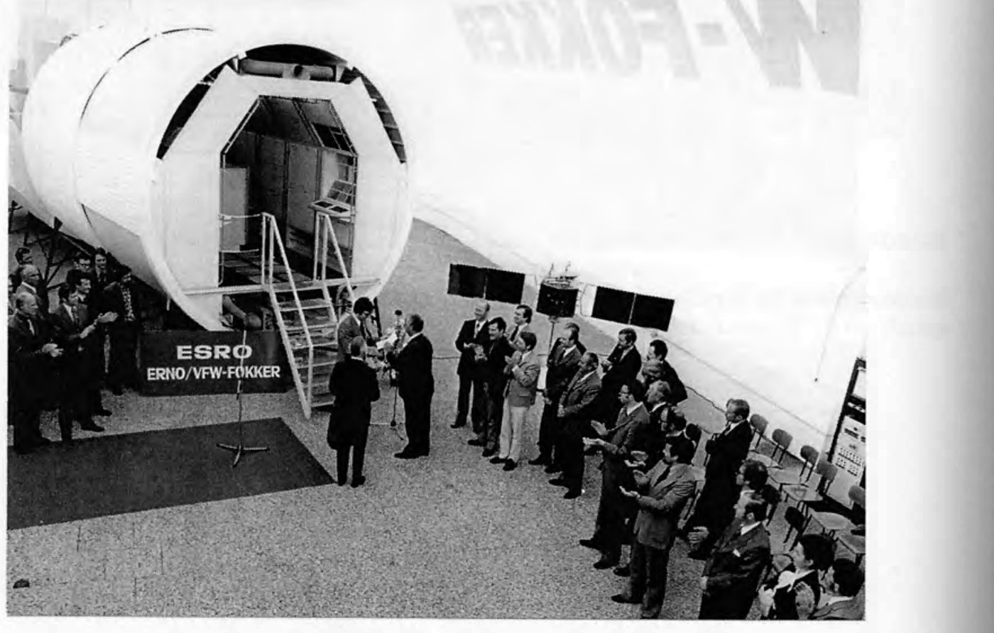 Hand-over of the ESRO declaration of contract at the Spacelab mock-up, 7 June 1974